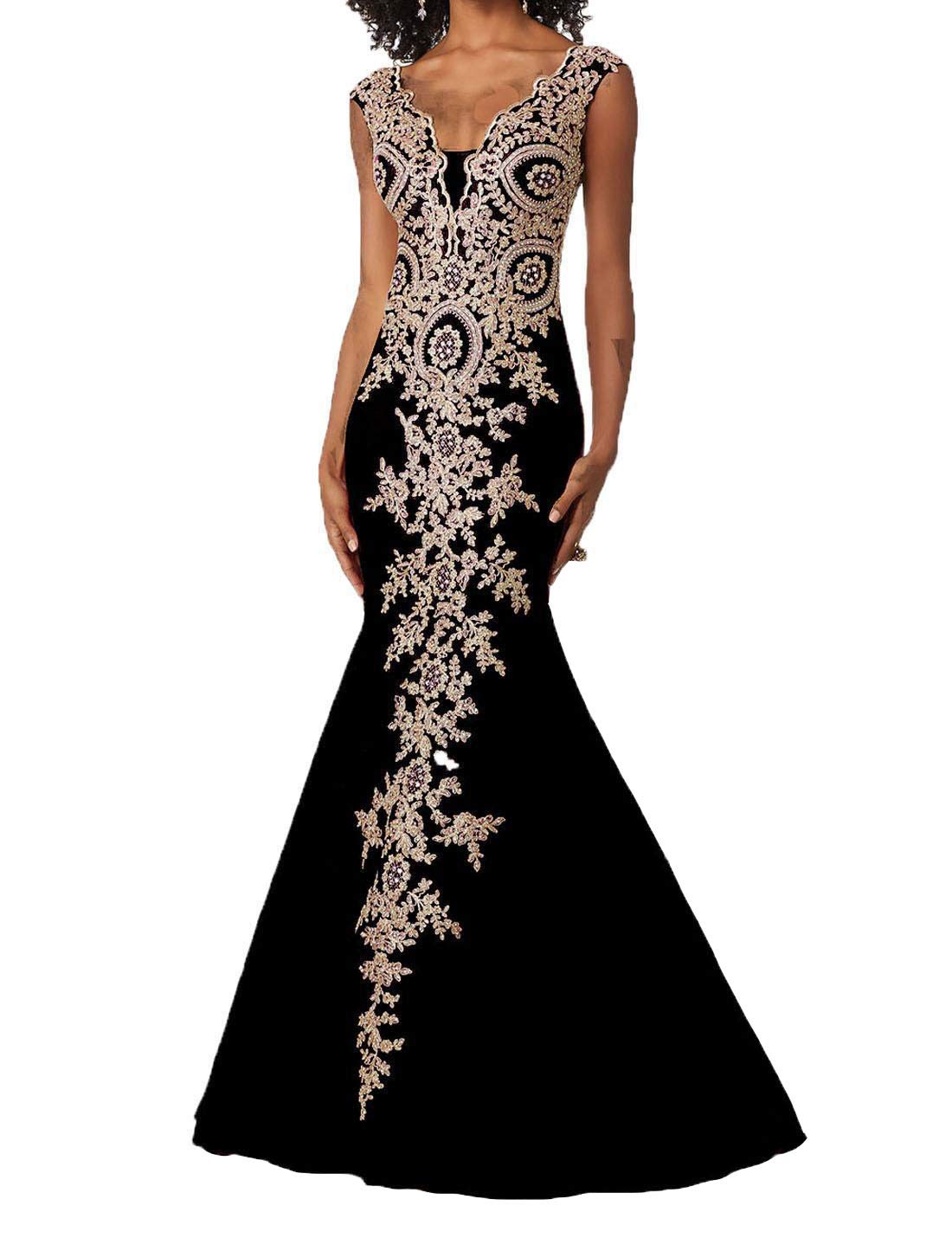 Emanni Women's Gold Lace Applique Mermaid Evening Dress Long Prom Gown for Formal Events, Weddings & Special Occasions