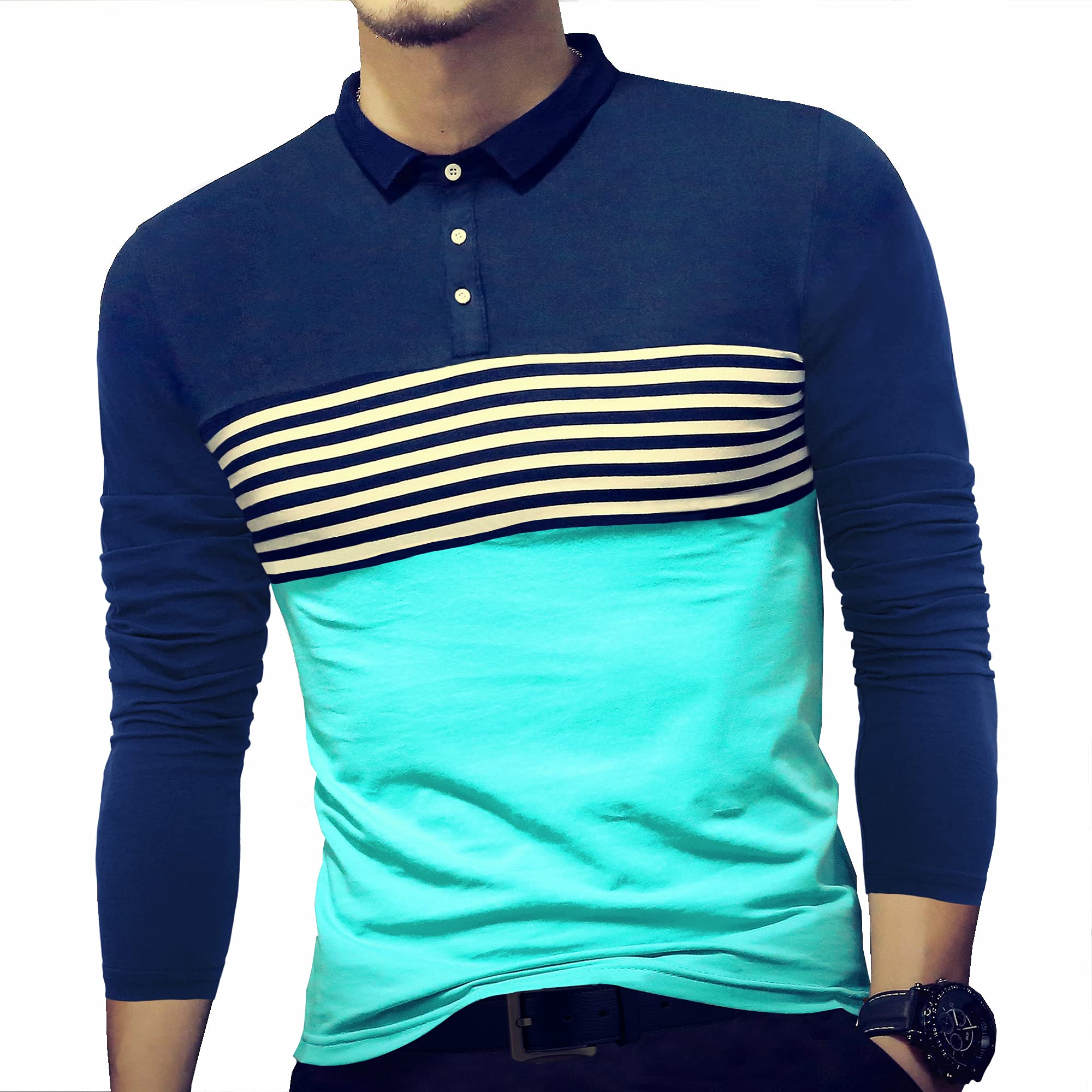 LOGEEYAR Men's Slim Fit Contrast Color Stripe Long Sleeve Polo Shirt - Casual Breathable Cotton Tee for Work, Golf & Everyday Wear