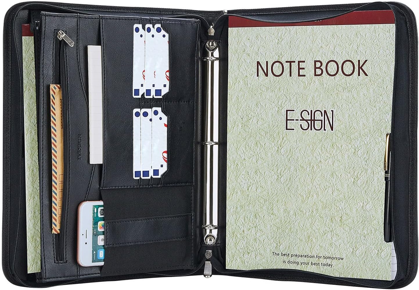 IVESIGN Zippered Padfolio Binder - Faux Leather 3-Ring Organizer with Business Card Slots & Document Folders | Left-Handed Design for Professionals | Perfect for Office, Meetings & Business Travel (Black)