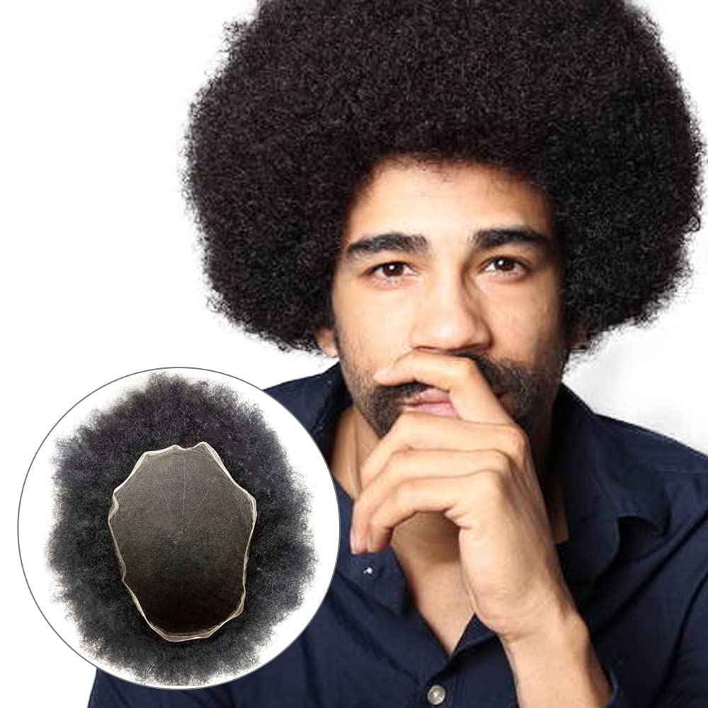 Premium 8×10 Inches Human Hair Toupee for Black Men - Afro Curl French Lace Hairpiece Replacement System (Off Black 1B) | Natural-Looking Hair Solution for Daily Wear & Special Occasions