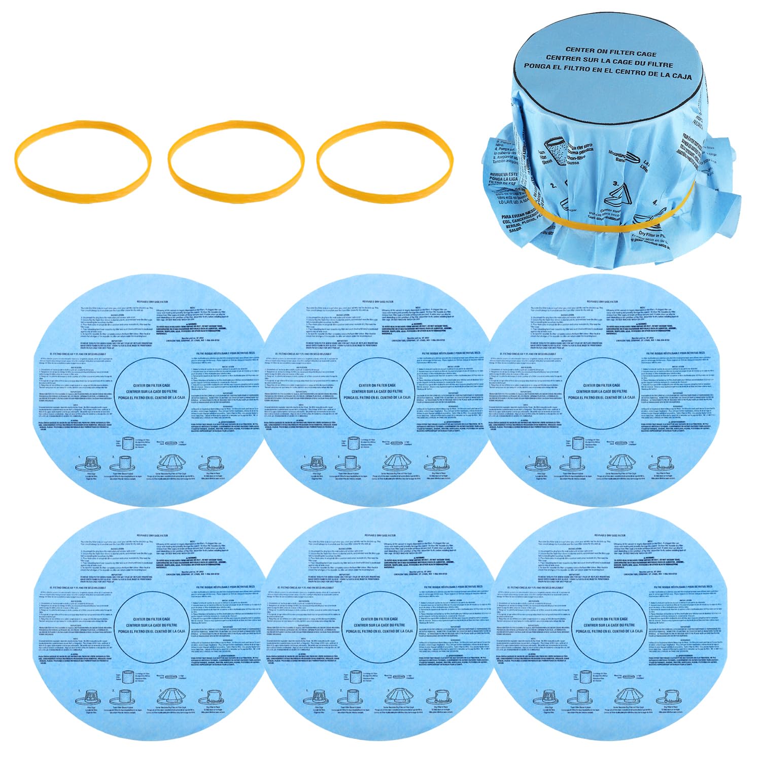 Reusable Wet Dry Vacuum Filter VF2002 90107 - 6 Pack Disc Filters with 3 Retaining Bands - Compatible with Most 5 Gallon+ Shop Vac Wet/Dry Vacuums - Ideal for Workshop, Garage, and Home Cleaning