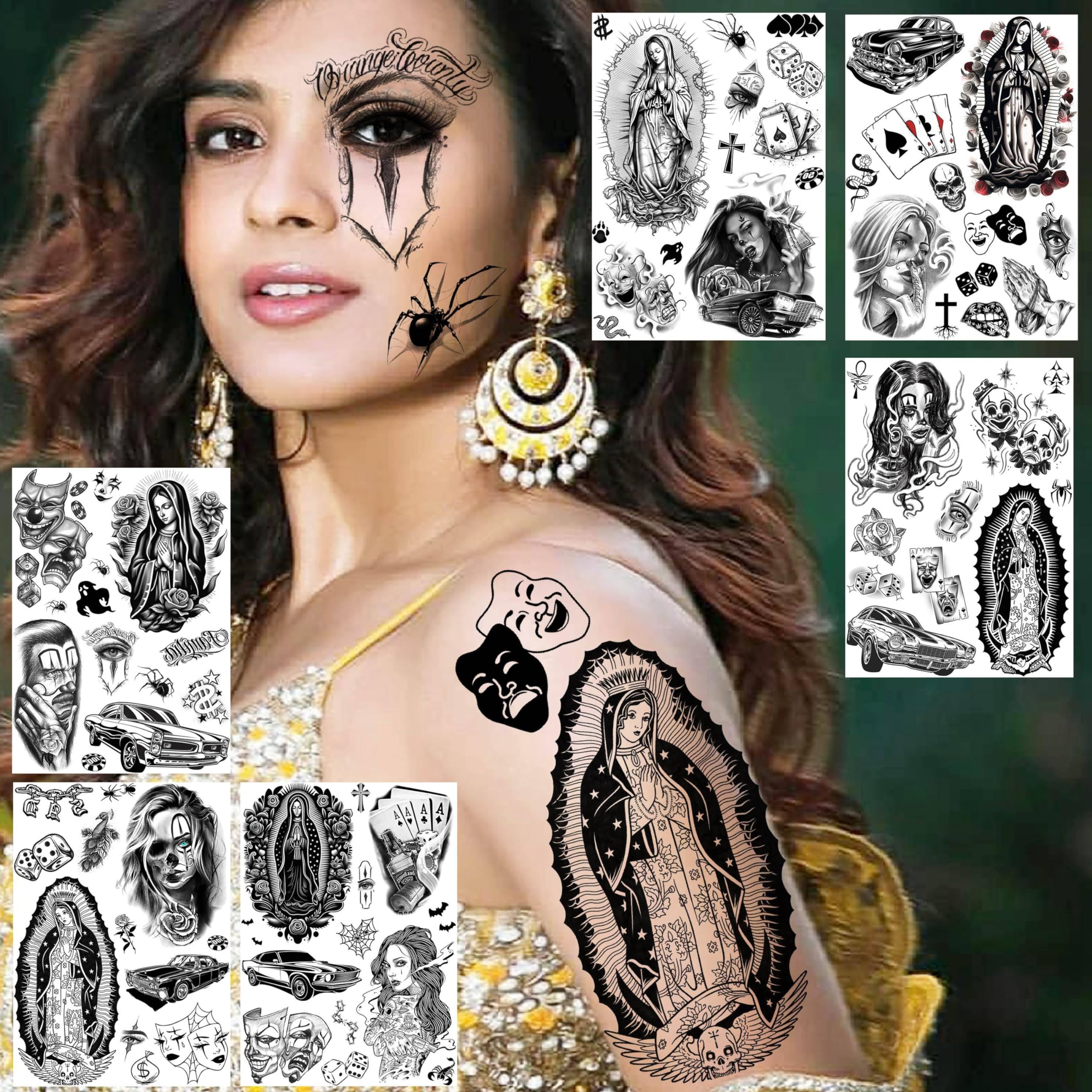 6 Sheets Chicano Temporary Tattoos for Women & Men - Black Guadalupe Fake Tattoo Stickers - Halloween Face Makeup Kit - Gangster Payasa Prison Familia Joker Design - Perfect for Halloween Costumes, Parties, and Themed Events