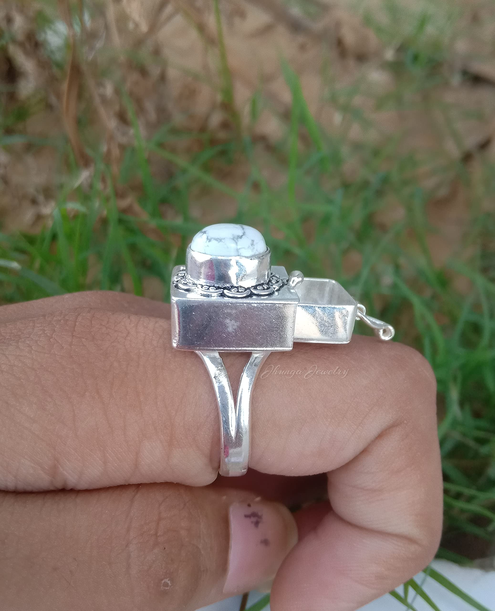 White Howlite Poison Ring - Handmade 925 Sterling Silver Secret Box Ring with Openable Compartment | Perfect for Medicine, Pills, or Keepsakes | Unique Gothic Jewelry for Cosplay, Halloween, and Alternative Fashion