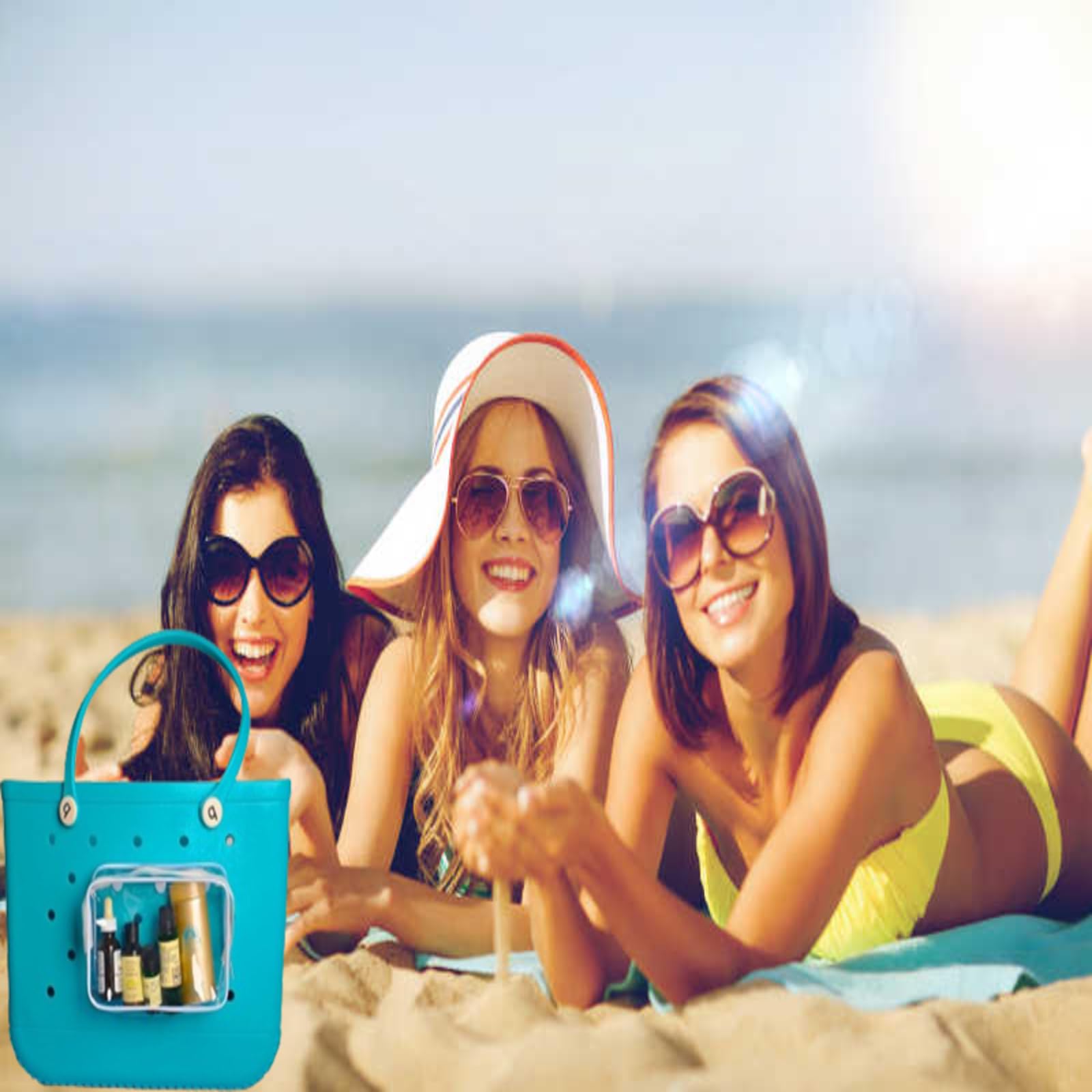 3 Pack Clear Beach Tote with Hooks - Travel & Cosmetic Organizer for Bogg Bags (Black)