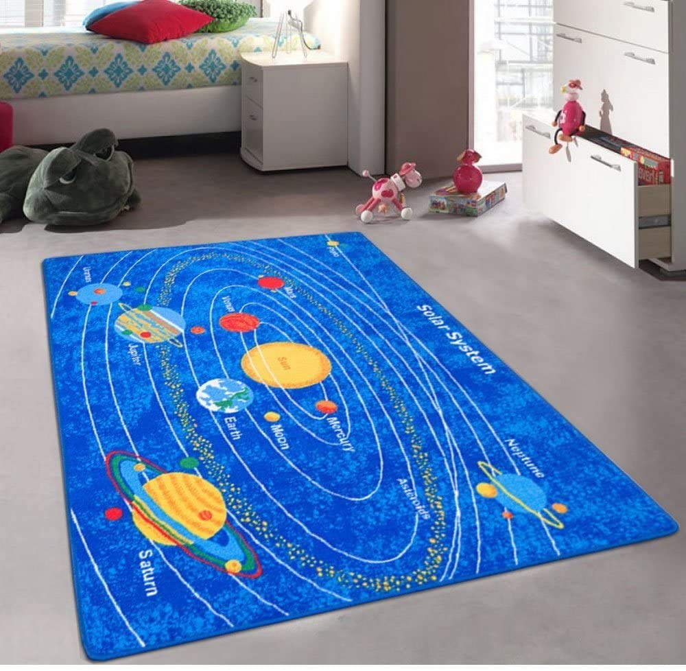 Champion Rugs Galaxy Floor Mat - Solar System Planets Design (Pluto, Jupiter, Mars, Venus) - 8x10 Feet Blue Science Fiction Area Rug for Living Room, Dining Room & Bedroom - Perfect for Space Themed Decor, Kids Room or Astronomy Enthusiasts