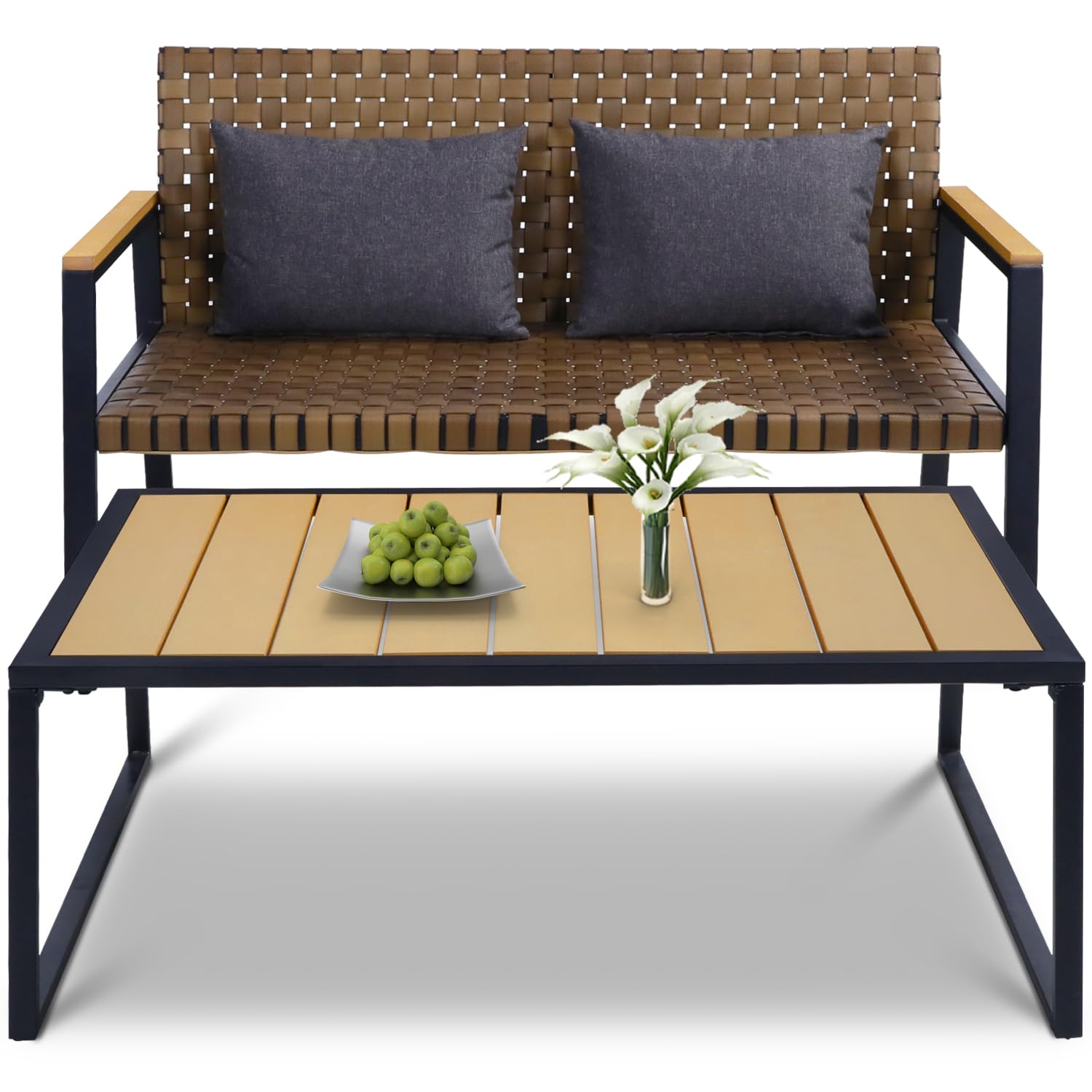 ENSTVER Outdoor Rattan Loveseat - Waterproof Wicker Patio Chair for 2, All-Weather Garden Bench with Cushions - Perfect for Backyard, Poolside & Balcony Relaxation