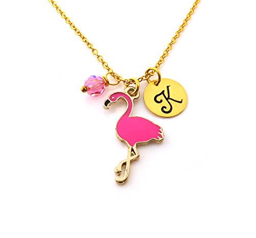 Personalized Initial Hand Stamped Gold Necklace with Pink Flamingo Charm - Custom Name Jewelry for Women, Gift for Her, Birthday, Anniversary, Valentine's Day - Perfect for Beach Vacations, Summer Outfits & Layering