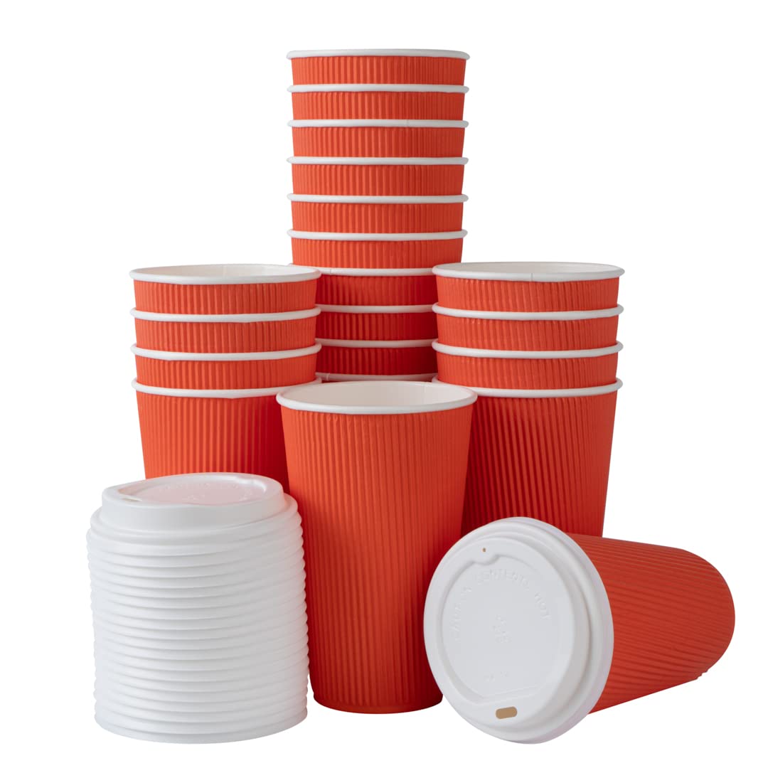 16oz Insulated Coffee Cups with Lids - 200 Pack Leakproof Disposable Hot Drink Cups for Coffee, Tea & Cocoa | Non-Slip Ripple Wall Design | Tangerine Orange Paper Cups for Restaurants, Cafes & Office Use