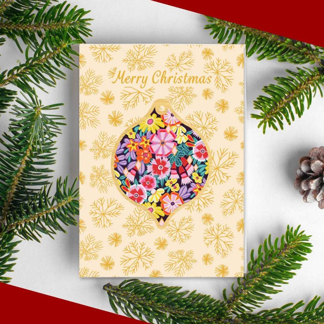 Christmas Greeting Card with Wooden Ornament - Floral Holiday Decor for Tree, Gift, and Festive Home Decoration