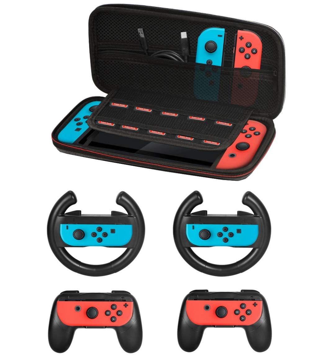 Nintendo Switch Accessories Kit - 2X Steering Wheels, 2X Grip Kits, Travel Carry Case (5-in-1 Black) for Enhanced Gaming Experience - Perfect for Multiplayer, Travel & Home Entertainment