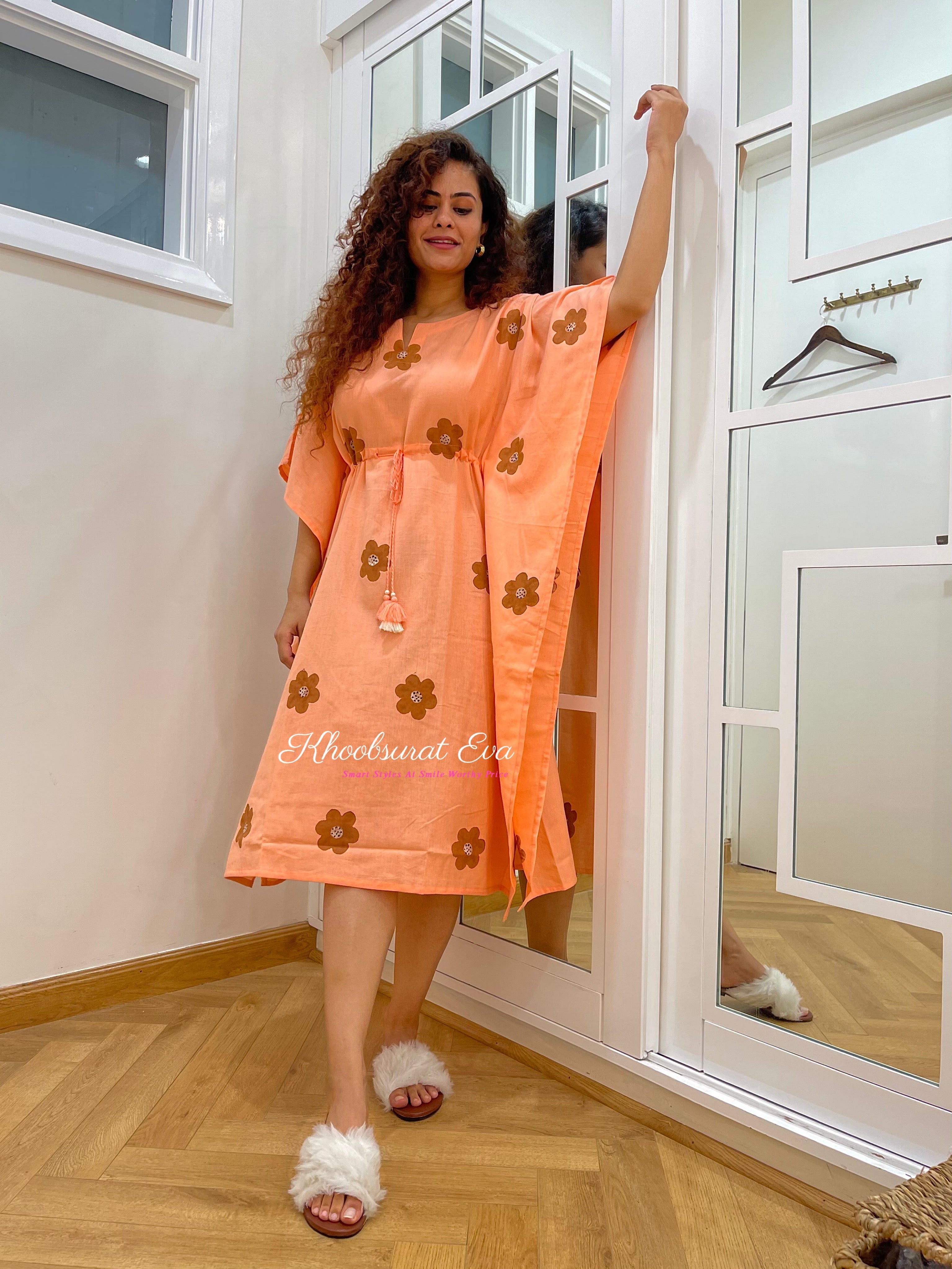 Hand Painted Peach Cotton Kaftan Dress - Boho Chic Beach Cover Up for Women - Perfect for Summer Vacations, Pool Parties & Resort Wear