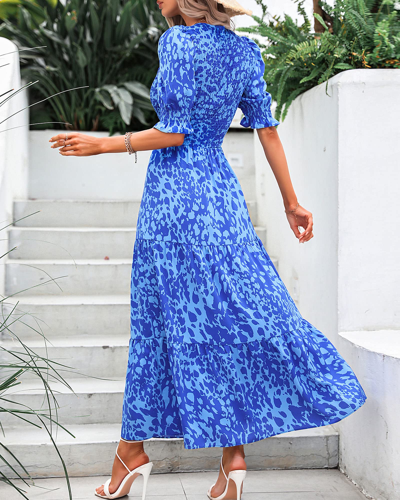 BTFBM Women's Casual Summer Dresses 2025 - Spring Crew Neck Ruffle Short Sleeve Floral Print Smocked Boho Flowy Maxi Dress for Beach, Vacation & Outdoor Parties