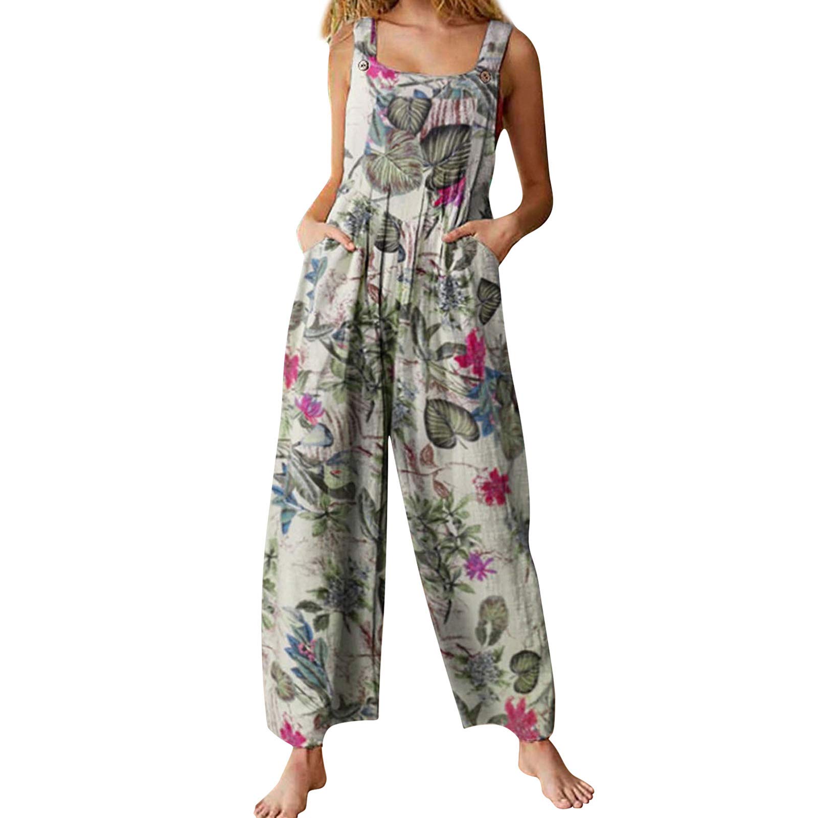 Nituyy Women's Loose Strappy Boho Jumpsuit - Casual Baggy One Piece Romper with Pockets | Summer Beach Outfit, Music Festival Wear, Vacation Style