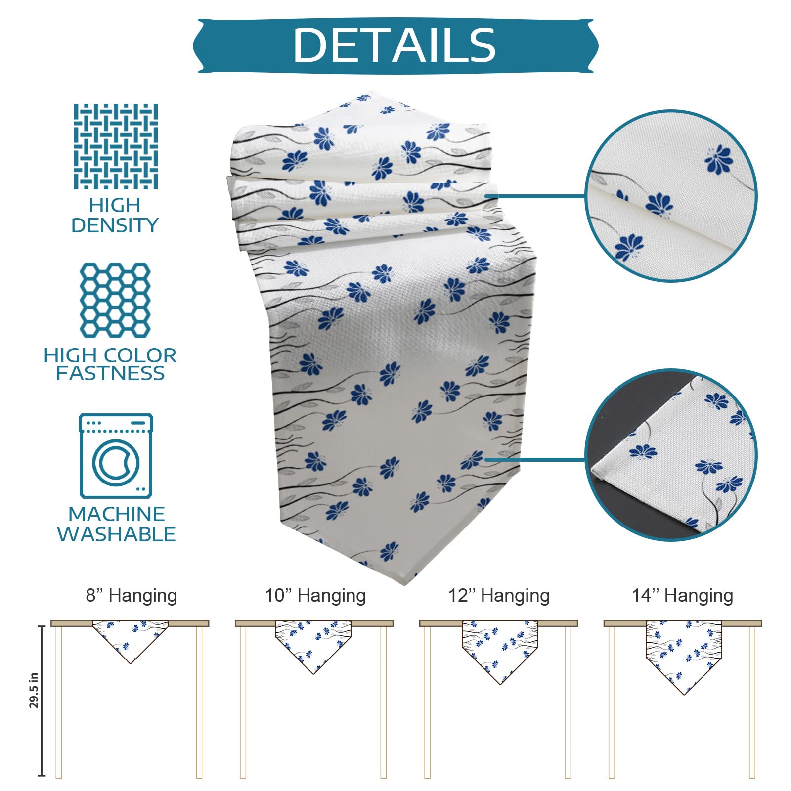 6-Piece Non-Slip Washable Table Runner Set - 13x90 Inch Floral Table Mat for Kitchen, Dining & Coffee Tables - Blue Artistic Flower Design - Perfect for Home Decor, Parties & TV Stand Decoration