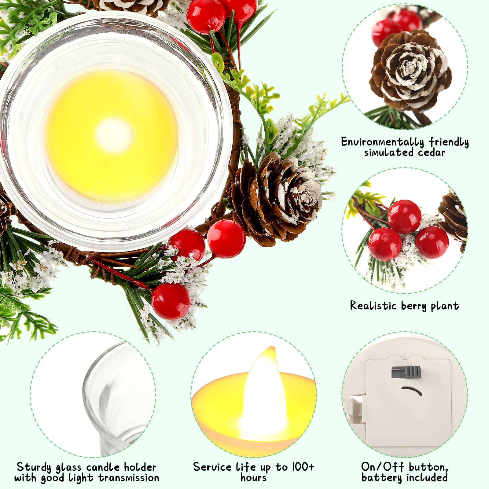 18 Pcs Christmas Candle Rings Set - Artificial Berry Wreath with Glass Tealight Holders & Votive Candles for Holiday Table Decor, Fireplace Mantel, and Festive Home Decoration
