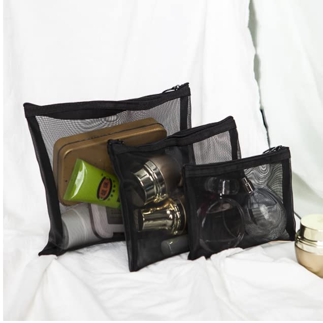 GELIMY 3-Piece Black Mesh Makeup Travel Bag Set with Zipper - Waterproof Cosmetic Pouch Organizer for Women & Men (3 Sizes, Size 2) - Perfect for Travel, Gym, and Daily Essentials Storage