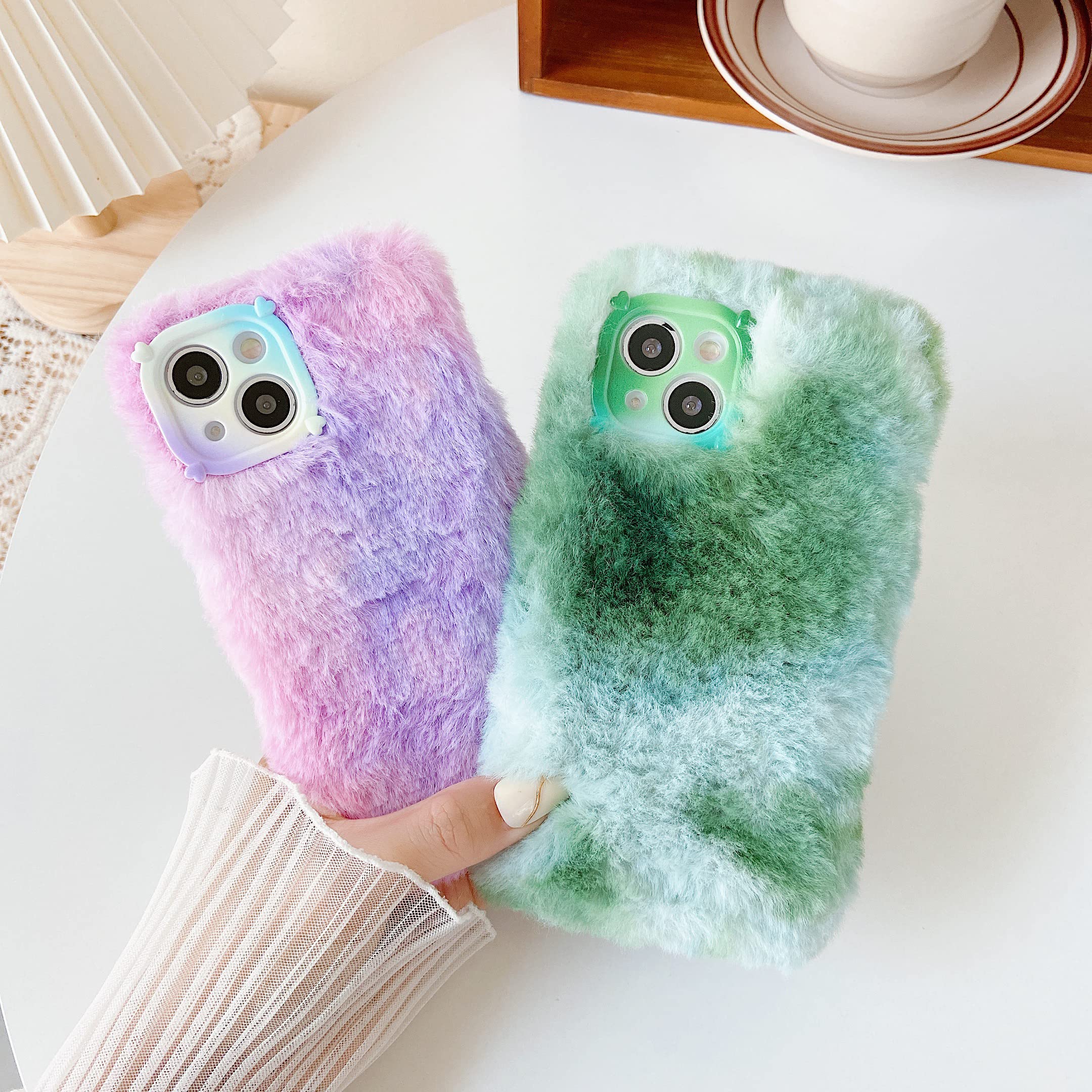 Gradient Color Plush Furry Soft iPhone XR Case - Winter Warm Cozy Phone Cover with Fluffy Texture (Pink) - Perfect for Cold Weather & Stylish Protection