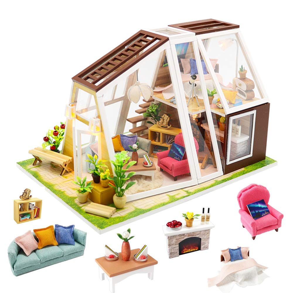 SPILAY DIY Miniature Dollhouse Wooden Furniture Kit - Handmade 1:24 Scale Modern Model with Dust Cover & Music Box | Creative Dollhouse Toys for Kids, Girls & Collectors | Perfect Gift for Birthday & Home Decoration (Aurora Hut)