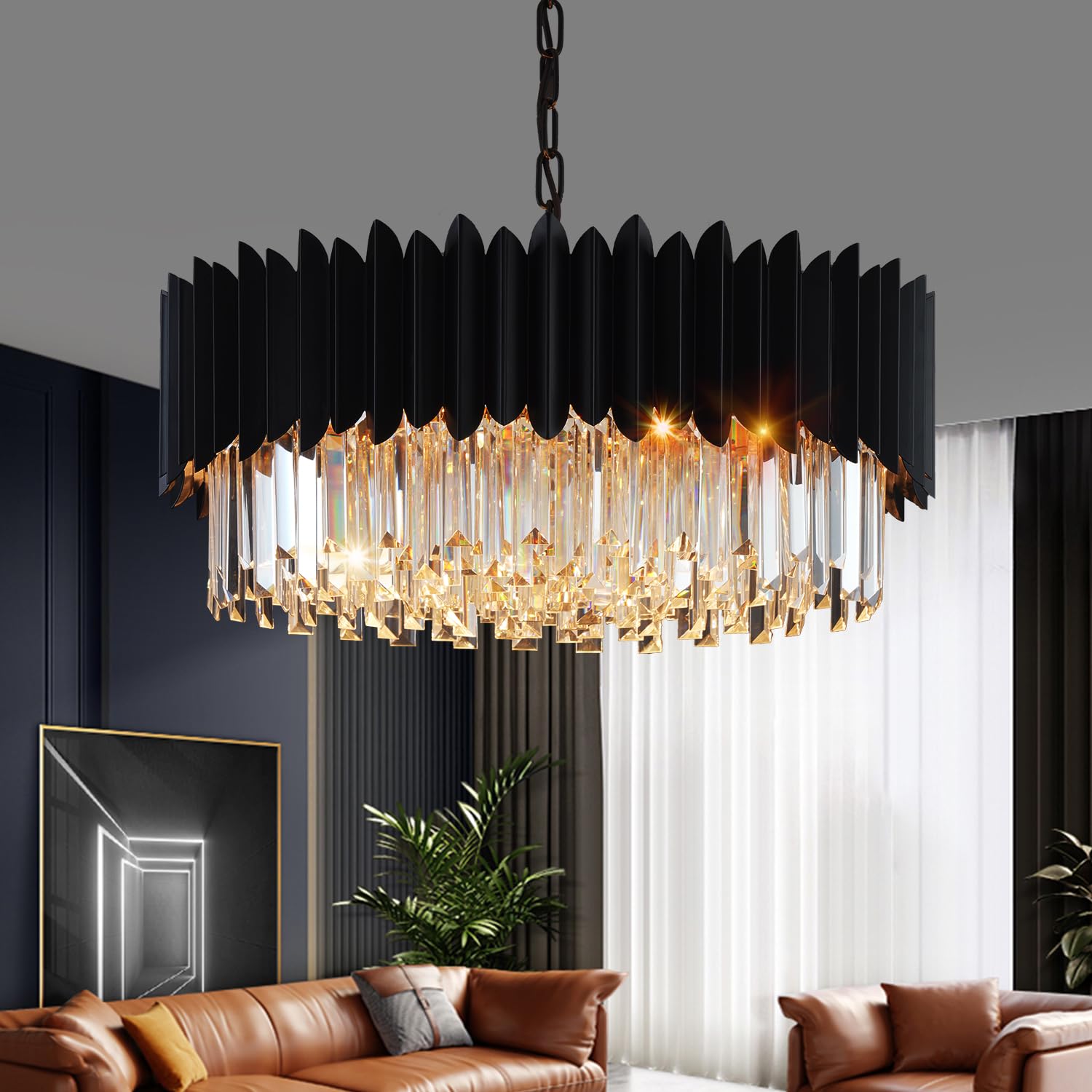 23.62'' Black K9 Crystal Round Pendant Light - 5-Tier Adjustable Modern Chandelier for Dining Room, Living Room, Kitchen Island, Bedroom, Foyer & Entryway | Elegant Lighting Fixture for Home Decor & Special Occasions