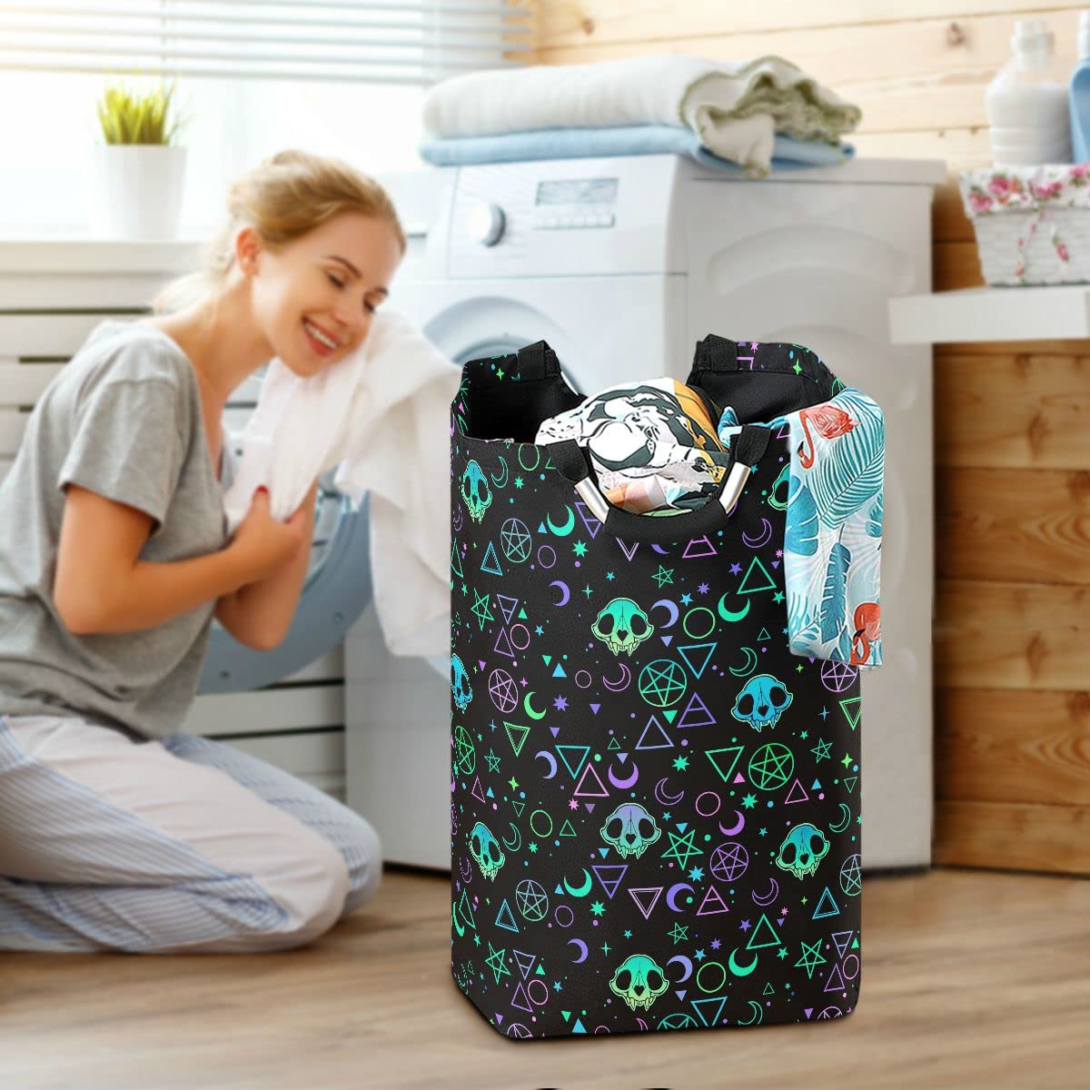 Magic Skulls Foldable Laundry Bag with Handles - Collapsible Laundry Basket & Hamper for Bathroom Organization, Laundry Room Storage & Decor - Perfect for Small Spaces, Dorm Rooms & Travel