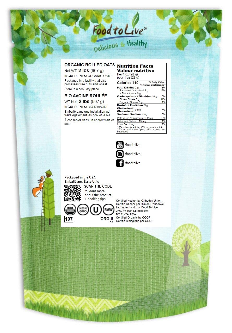 Food to Live Organic Rolled Oats, 2 Pounds – Old-Fashioned 100% Whole Grain, Non-GMO, Raw, Kosher, Bulk Oats for Healthy Breakfast – Perfect for Oatmeal, Baking, Smoothies & Overnight Oats