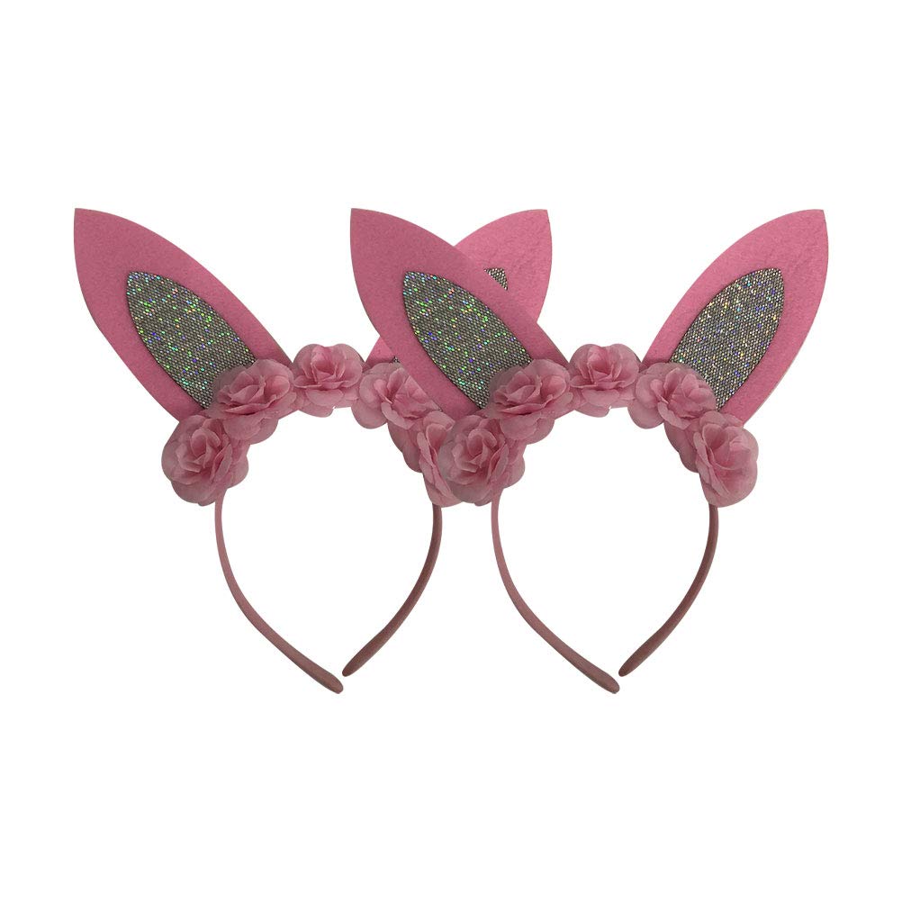 Amosfun 2-Piece Easter Bunny Ear Headbands with Flowers - Cute Pink Rabbit Hair Hoops for Women & Girls - Easter Party Hair Accessories & Unique Headdress - Perfect for Easter Celebrations, Spring Festivals & Photo Props