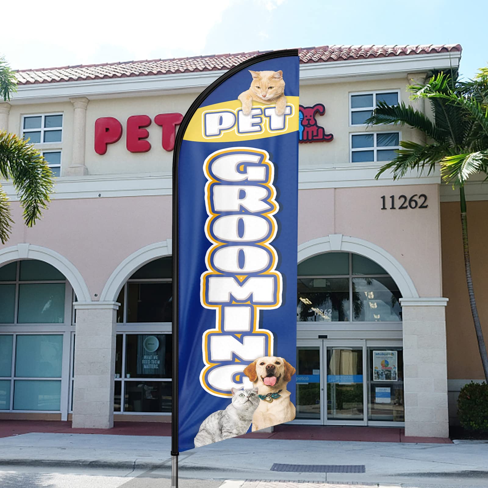 11FT Pet Grooming Feather Flag Kit - Advertising Sign for Pet Stores & Grooming Businesses - Outdoor Use