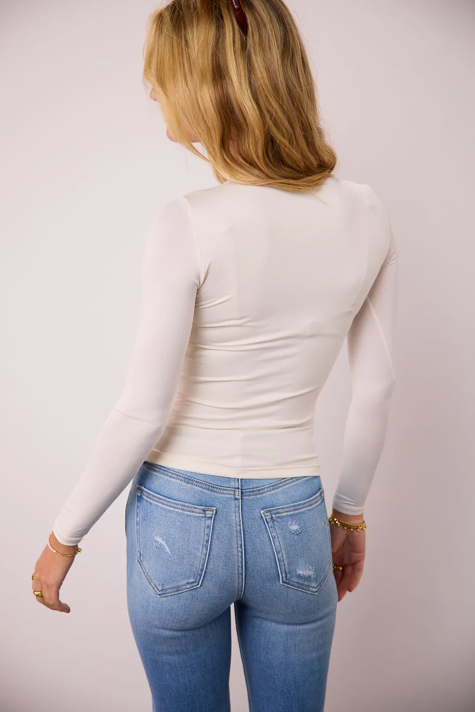 Women's Long Sleeve Fitted Knit Top in Ivory - Slim Fit Stretch Cotton Blouse for Fall & Winter | Perfect for Work, Date Night & Casual Outfits