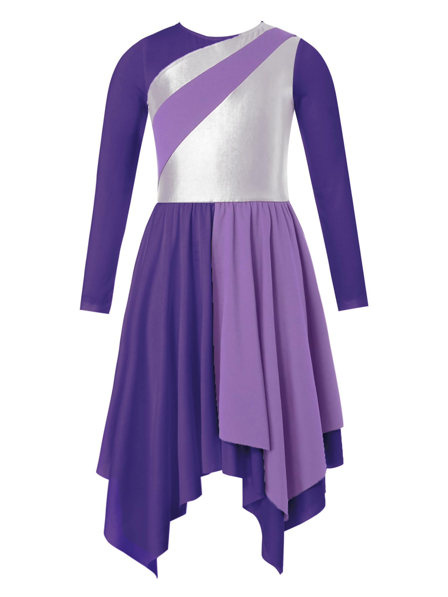 Girls Long Sleeve Metallic Praise Dance Dress - Liturgical Worship Costume with Asymmetrical Design for Church Performances & Religious Ceremonies