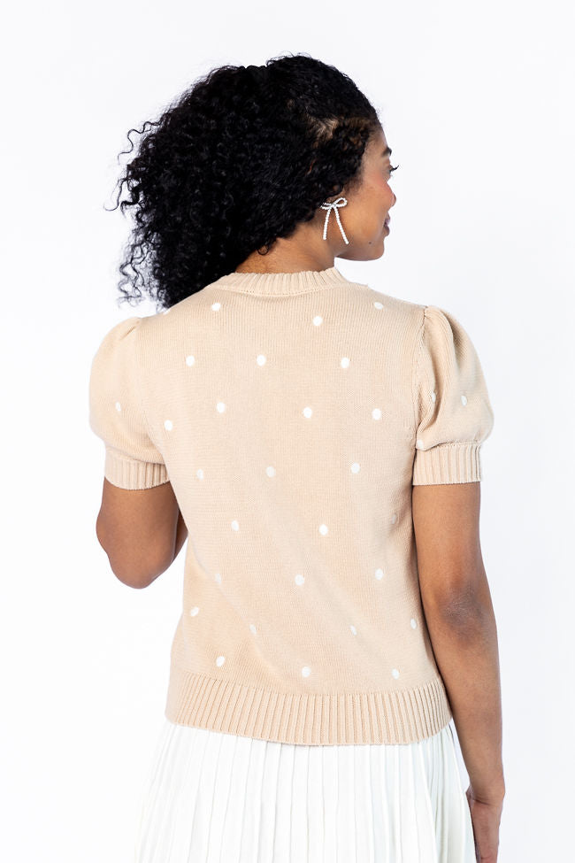 Polka Dot Short Sleeve Sweater for Women - Soft Taupe & Ivory Knit Top | Cozy Casual Wear for Spring & Fall | Perfect for Office, Dates & Weekend Outings