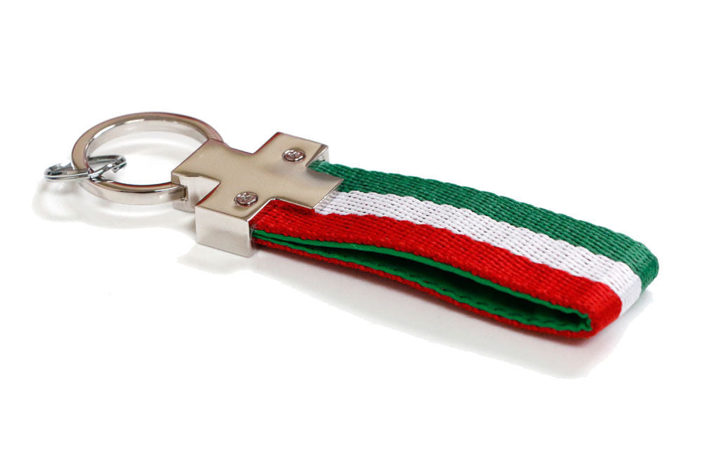 Italian Flag Stripe Nylon Keychain with Leather Key Fob - Euro Style Key Ring for Travel, Gifts & Everyday Use