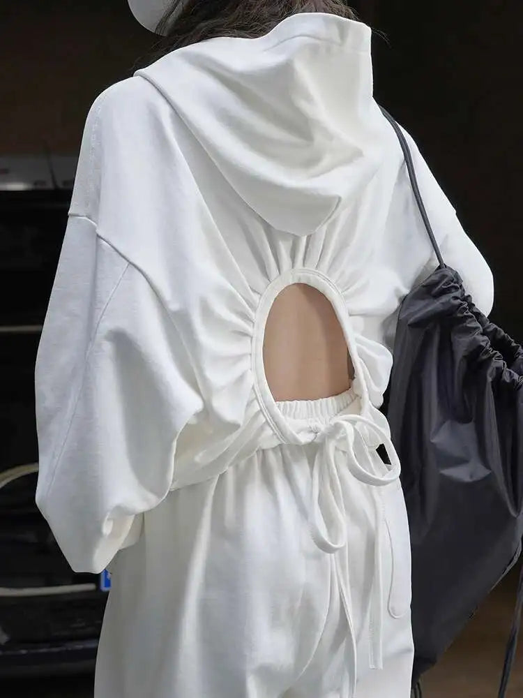 Women's Backless Drawstring White Casual Hooded Sweatshirt - Long Sleeve Oversized Fashion Pullover for Spring & Autumn 2025 | Trendy Streetwear, Lounge Wear, and Layering Essential