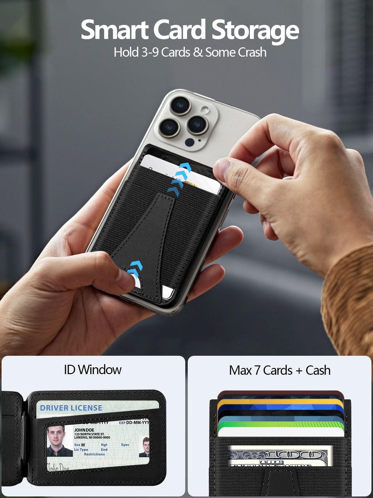 Miroddi Magnetic Phone Wallet Stand for iPhone 16/16 Pro/15/14/13/12 Series - Adjustable Stand with ID Window & RFID Blocking - Holds 10 Cards (Black) - Perfect for Travel, Work & Everyday Use