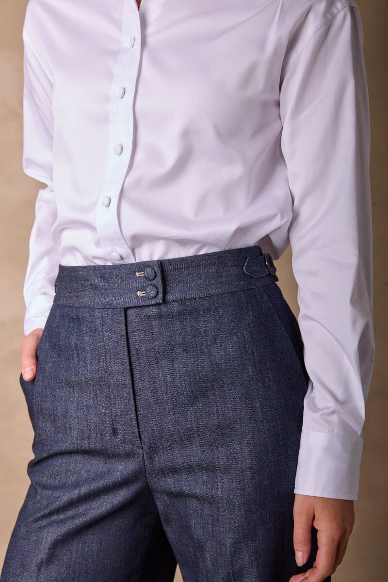 Emma Women's Wide Leg Pants - Soft Blue Denim Cashmere Blend High Waisted Trousers for Work, Office & Casual Wear