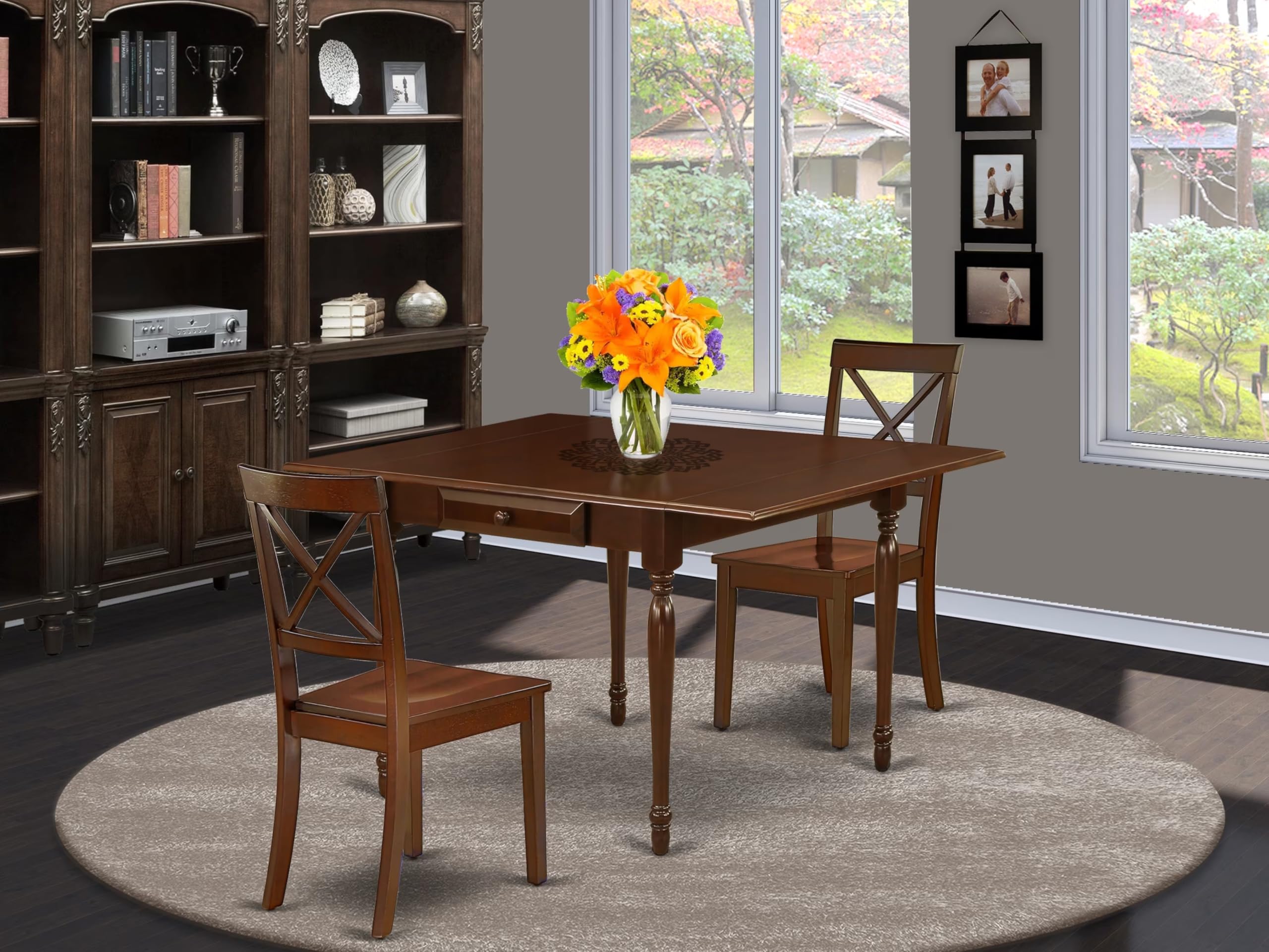 East West Furniture MZBO3-MAH-W 3-Piece Kitchen Dining Set with Drop-Leaf Table & 2 Chairs, 36x54 Inch, Mahogany - Perfect for Small Spaces, Breakfast Nooks & Cozy Apartments