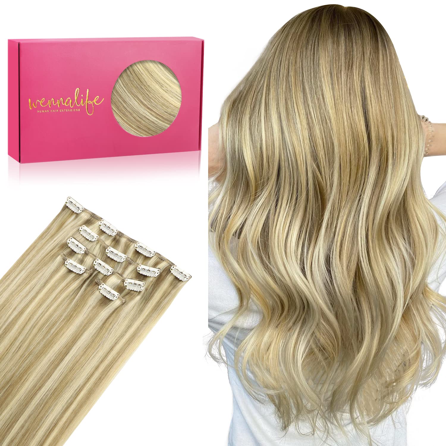 WENNALIFE 22 Inch Clip in Human Hair Extensions - 5pcs 85g Remy Real Human Hair, Light Blonde Highlighted Golden Blonde Virgin Hair for Women | Perfect for Daily Styling, Parties & Special Occasions