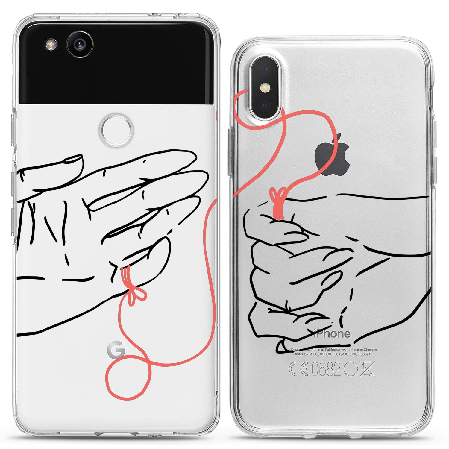Matching Couple Phone Cases for iPhone 16/15/14/13/12/11 Pro Max/Mini/XS/X/6s/8 Plus/7+/XR/10/SE/5 - Cute Red String Hands Design Silicone Cover - Perfect Anniversary Gift for Him & Her - Ideal for Couples, Relationships and Valentine's Day