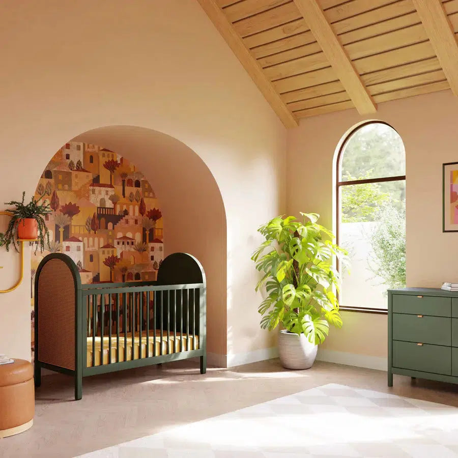 Babyletto Bondi Cane 3-in-1 Convertible Crib - Forest Green with Natural Cane | Eco-Friendly Nursery Furniture for Newborn to Toddler | Perfect for Modern Baby Rooms & Daycare Centers