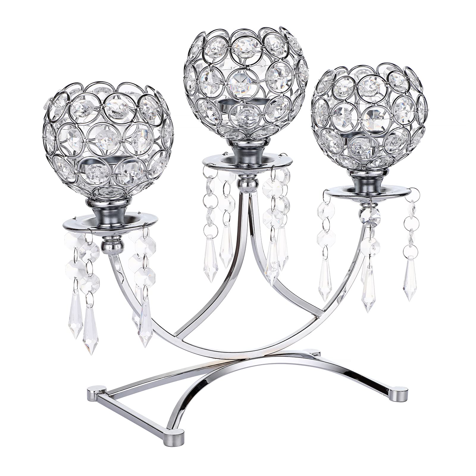 3-Arm Crystal Tealight Candle Holder - Elegant Silver Candelabra Centerpiece for Dining Table, Wedding, Christmas Party & Home Decor | Perfect for Romantic Dinners, Holiday Celebrations & Special Occasions