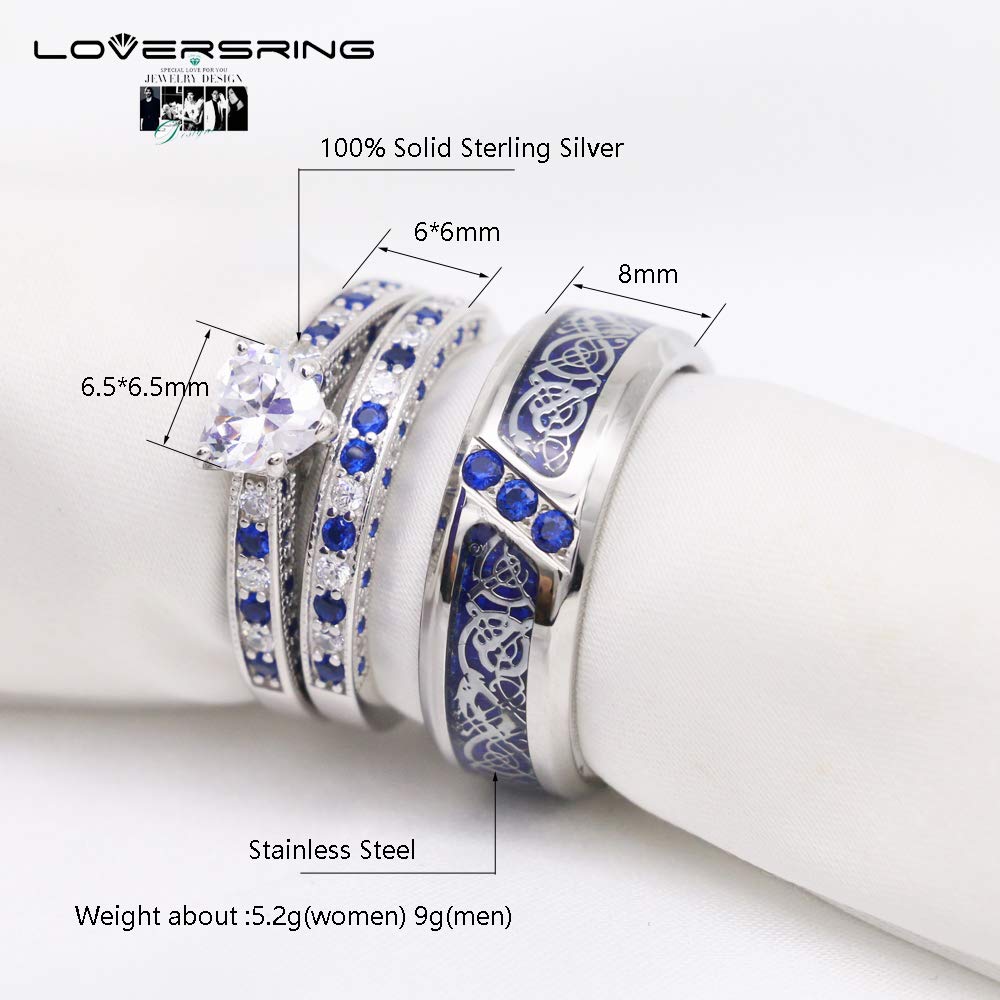 His and Hers Wedding Ring Sets - 925 Sterling Silver & Tungsten Carbide Couples Bands with Heart CZ, Brushed Finish - Perfect for Engagements, Anniversaries, and Romantic Gifts