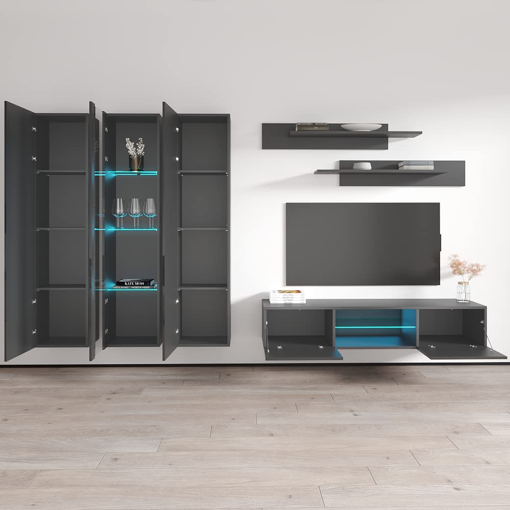 Modern Wall-Mounted TV Stand with Storage & LED Lights - Meble Fly C33 Entertainment Center for Bedroom & Living Room - Floating TV Console with Shelves (Gray) - Perfect for Small Spaces & Home Theater Setup
