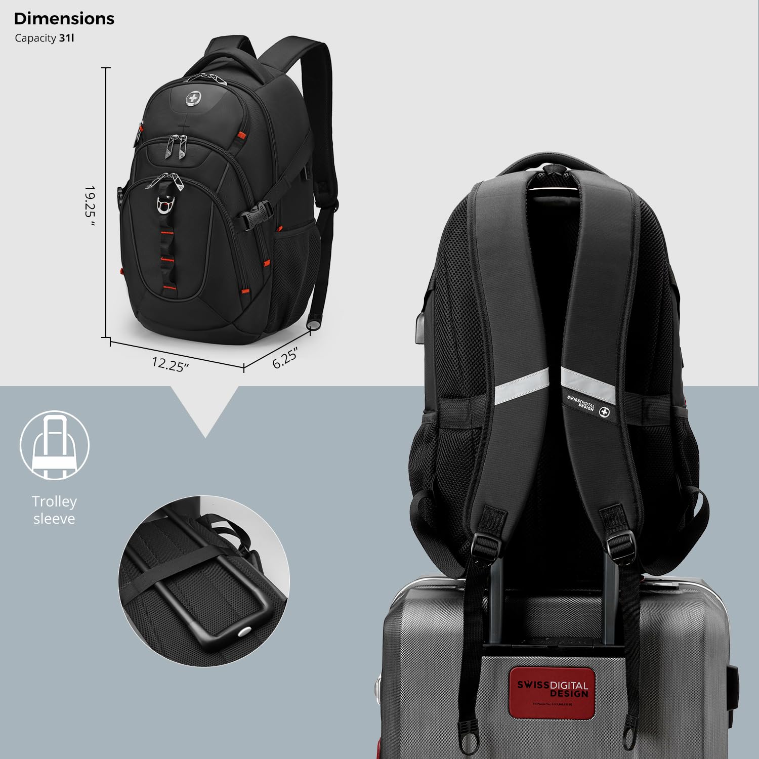 Swissdigital Business Laptop Backpack with USB Charging Port - Water Resistant 15.6 Inch Laptop Backpack for Men & Women - Perfect for Office, College, Travel & Commuting - Black (SD803)