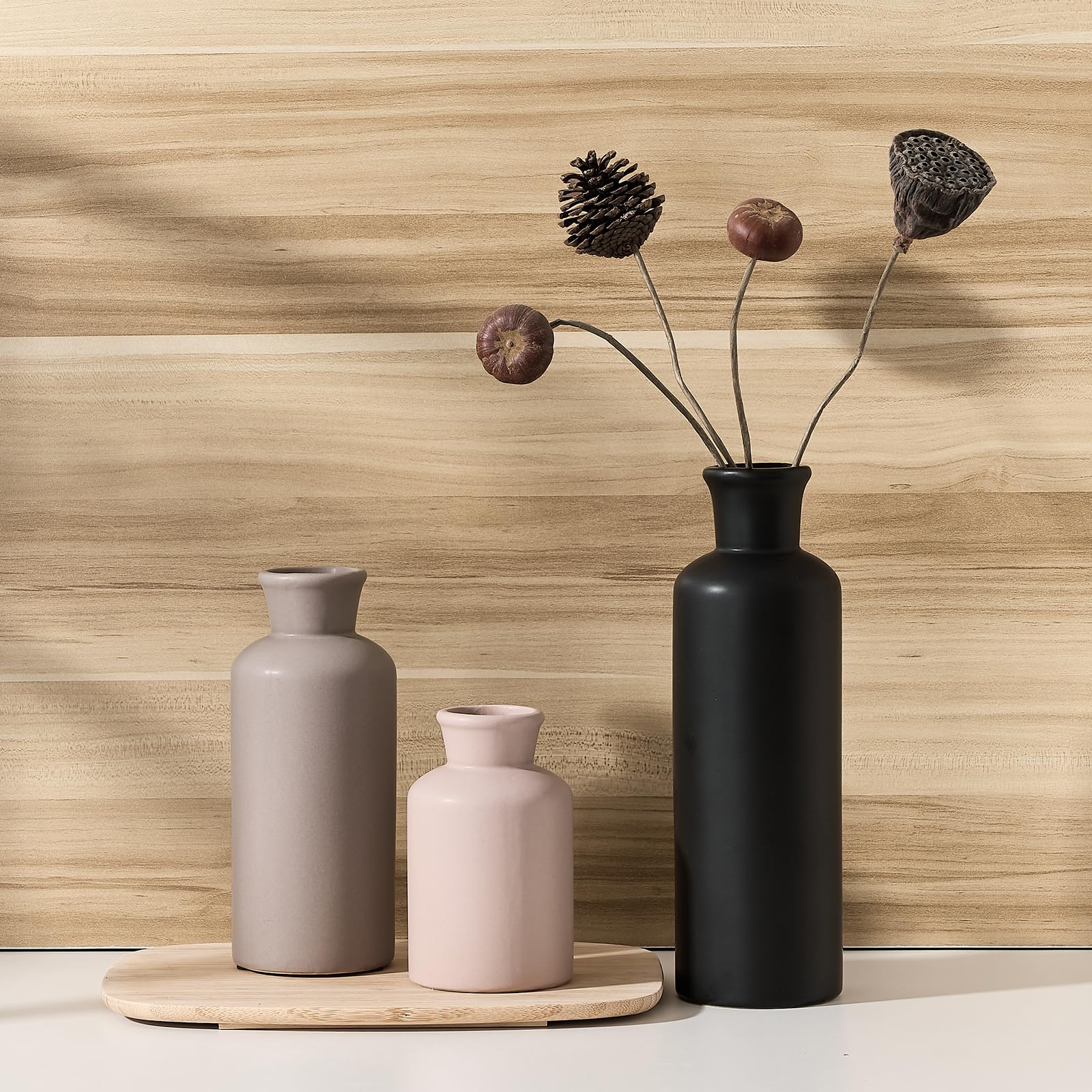 LUKA Ceramic Vase Set of 3 - Minimalist Home Decor Vases for Farmhouse, Bedroom, Office & Living Room - 10, 7.5 & 5 Inch Rustic Vases for Fireplace, Bookshelf & Table Centerpiece Decorations