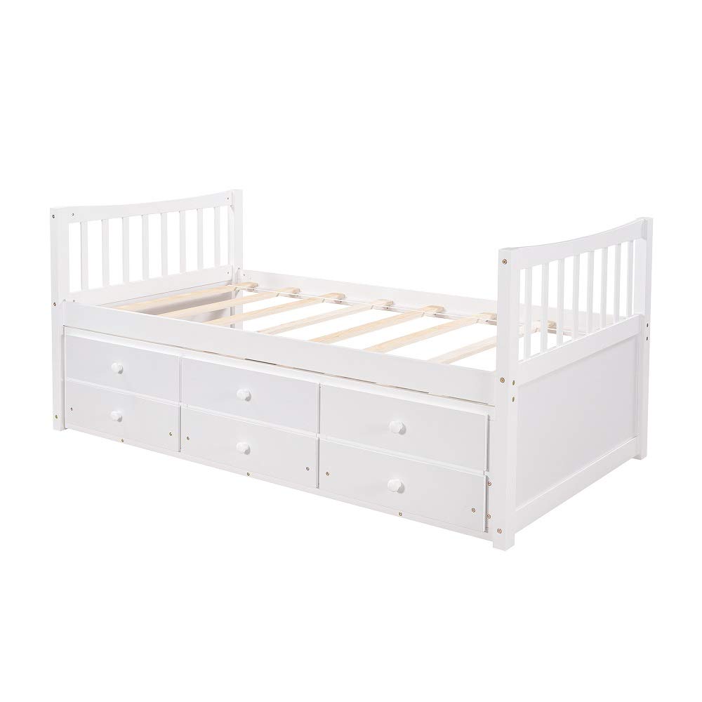 **White Twin Size Captain's Bed with 3 Storage Drawers - Wooden Daybed for Kids & Teens, Space-Saving Bed Frame for Living Room, Guest Room, or Dorm**