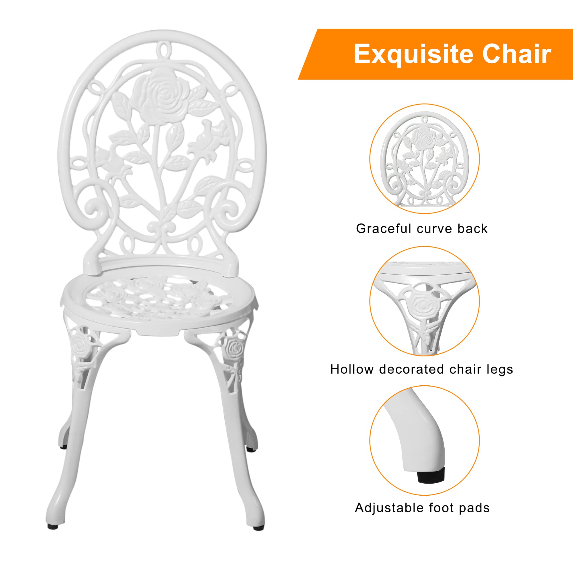 Homefun 3-Piece Outdoor Bistro Set - Rose White Cast Aluminum Patio Table & 2 Chairs for Garden, Balcony - All-Weather Rust-Resistant Dining Furniture (Perfect for Morning Coffee, Small Space Entertaining & Apartment Decor)