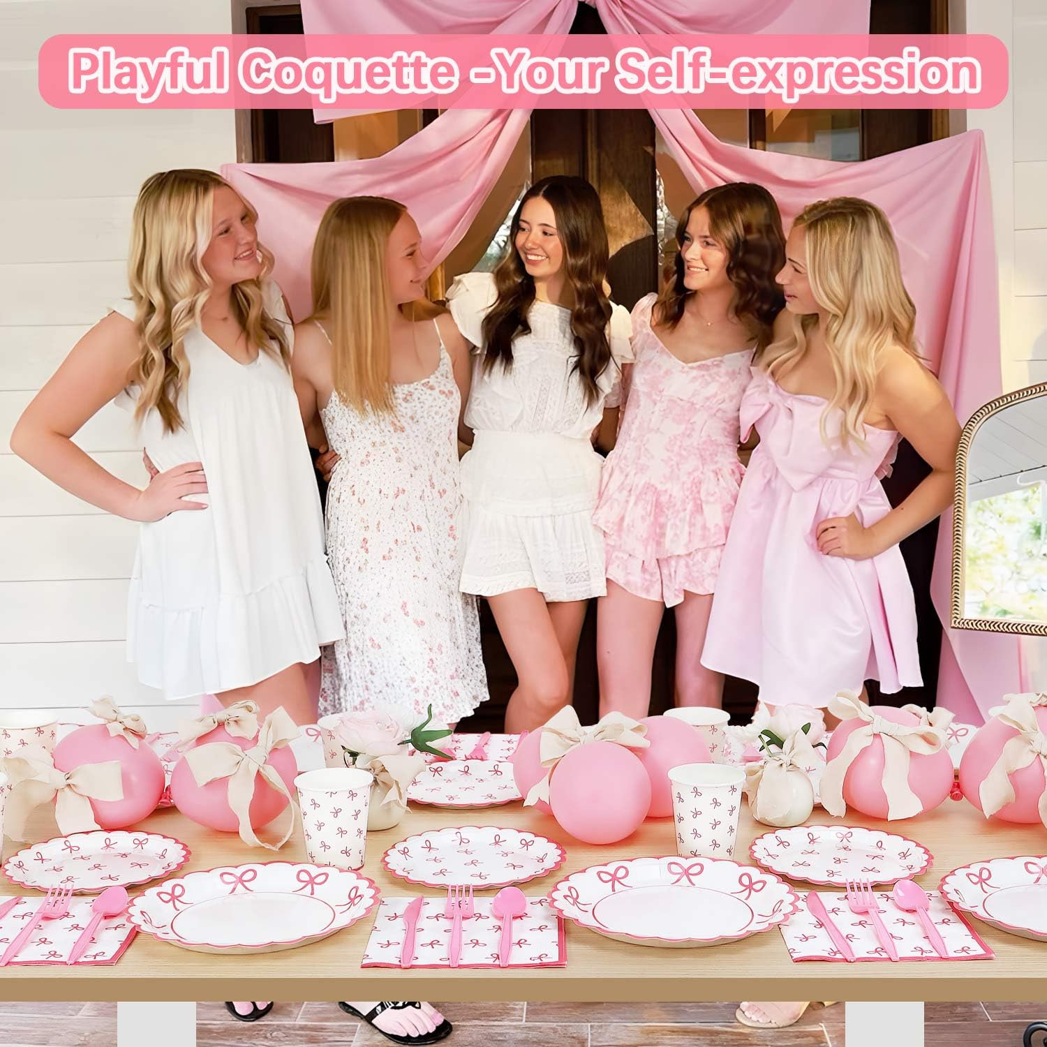 175Pcs Pink Bow Birthday Party Decorations Set - Plates, Napkins, Cups & Cutlery for 25 Guests | Coquette Theme Girls Birthday Supplies | Perfect for Princess Themed Parties, Baby Showers & Bridal Showers