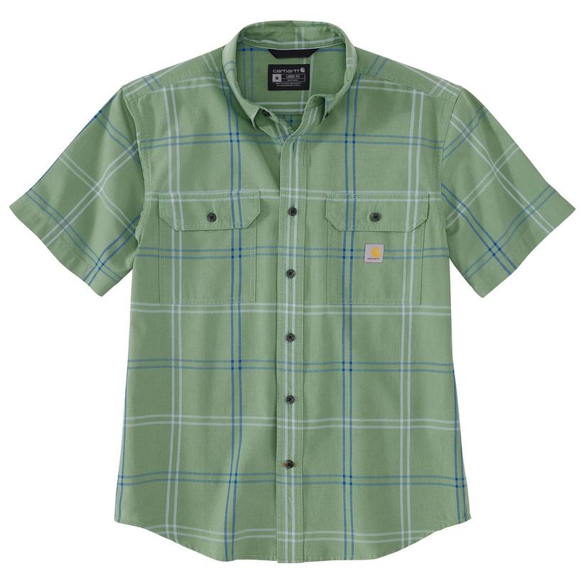 Loose Fit Midweight Short Sleeve Plaid Shirt for Men - Comfortable Casual Flannel Button Down Top in Loden Frost - Perfect for Outdoor Activities, Work & Everyday Wear