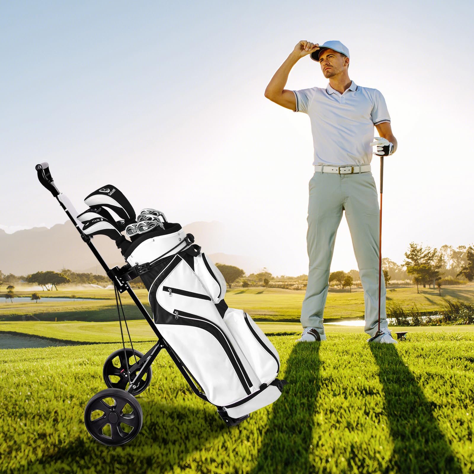 Premium 2 Wheel Golf Push Cart - Foldable Golf Trolley with Scorecard Holder, Upper/Lower Bracket & Elastic Straps | Lightweight Portable Golf Bag Caddy for Walking Courses | Perfect for Golfers, Seniors & Walking Enthusiasts on Any Terrain