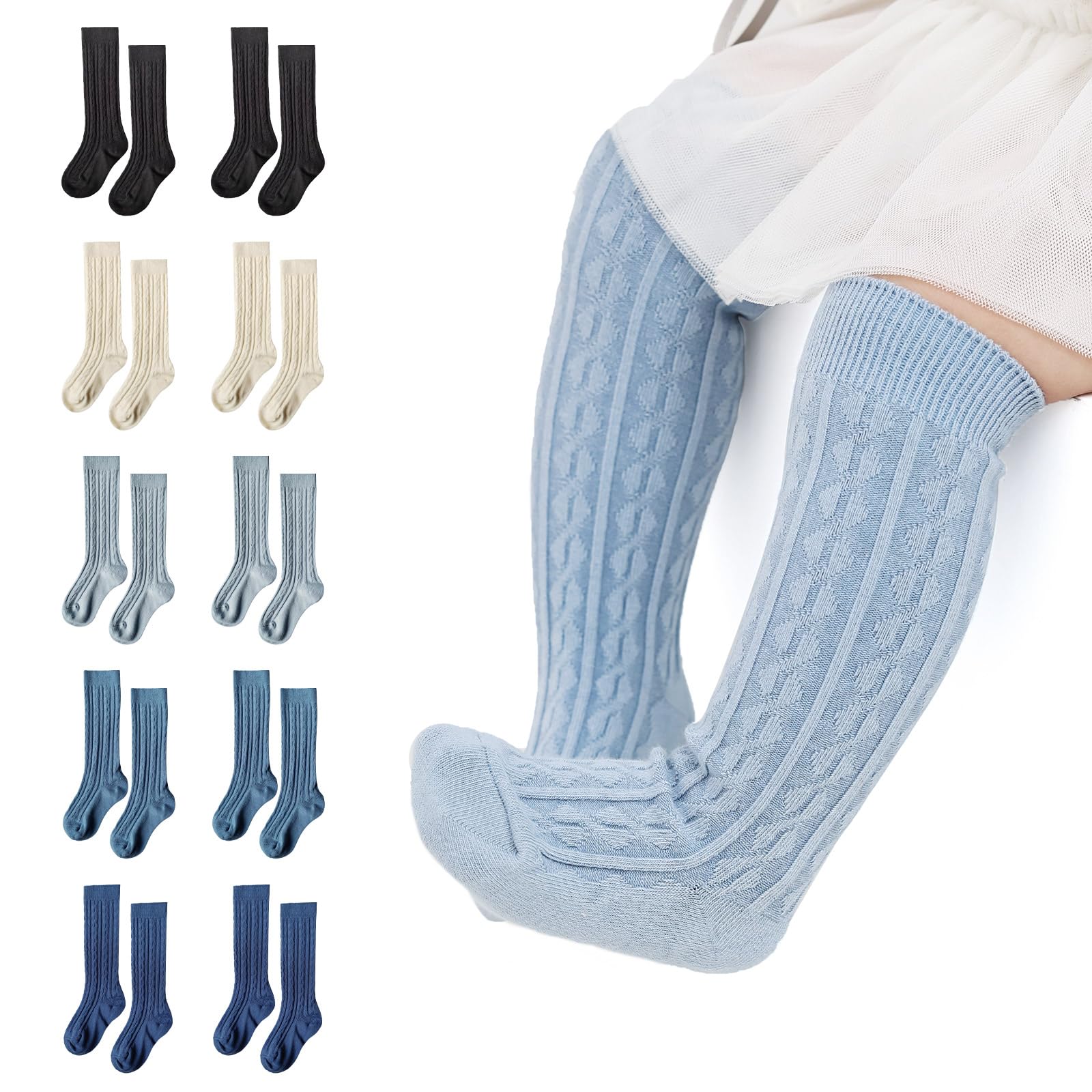MINI PANDA 5 Pairs Cute Knee High Socks for Toddler Girls & Baby Girls - Soft Cotton Long Socks for Playtime, School & Special Occasions