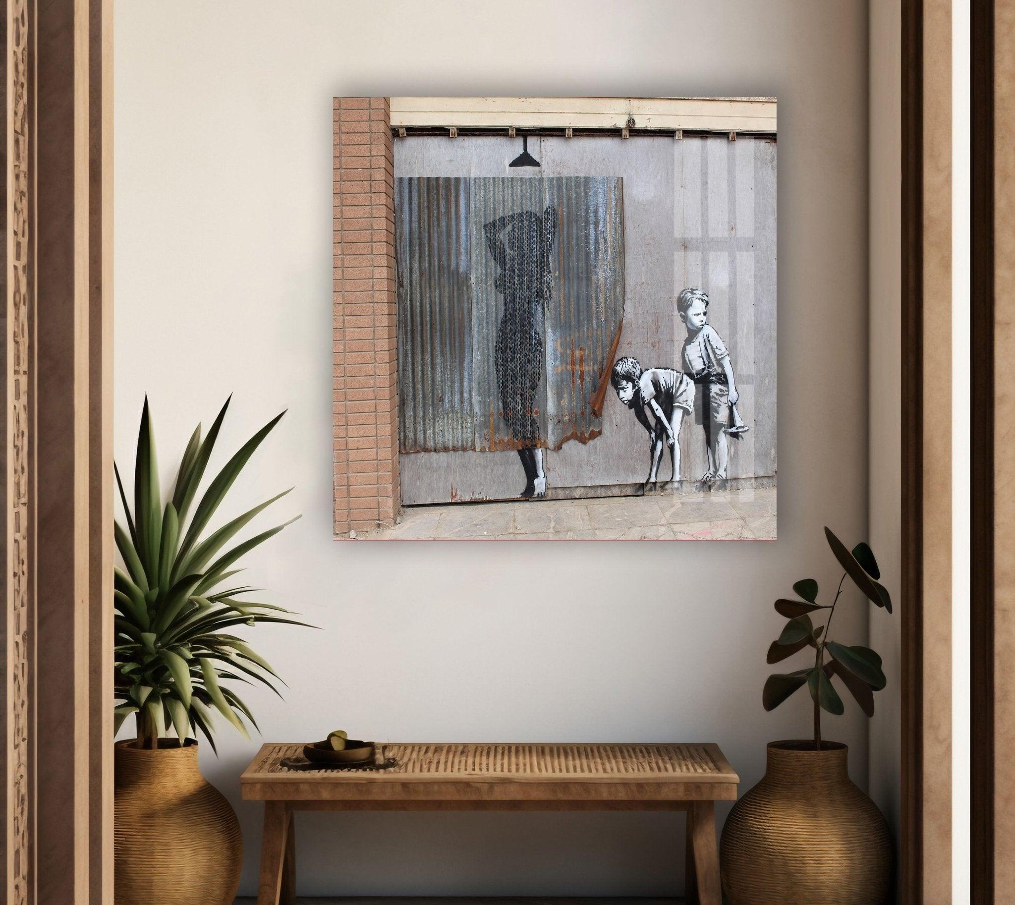 Banksy Shower Peeping Boys Framed Glass Wall Art - Modern Home Decor for Living Room, Bedroom & Office